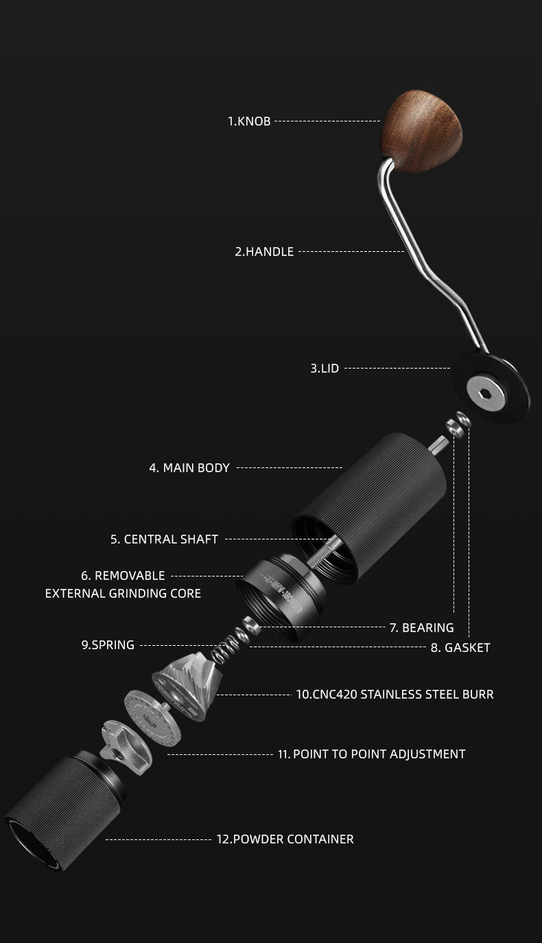 Coffee Cartel - MHW3 Bomber - Racing M1-Manual Coffee Grinder-38mm - Titanium Plated Burr, Black, Walnut Handle - G5897B