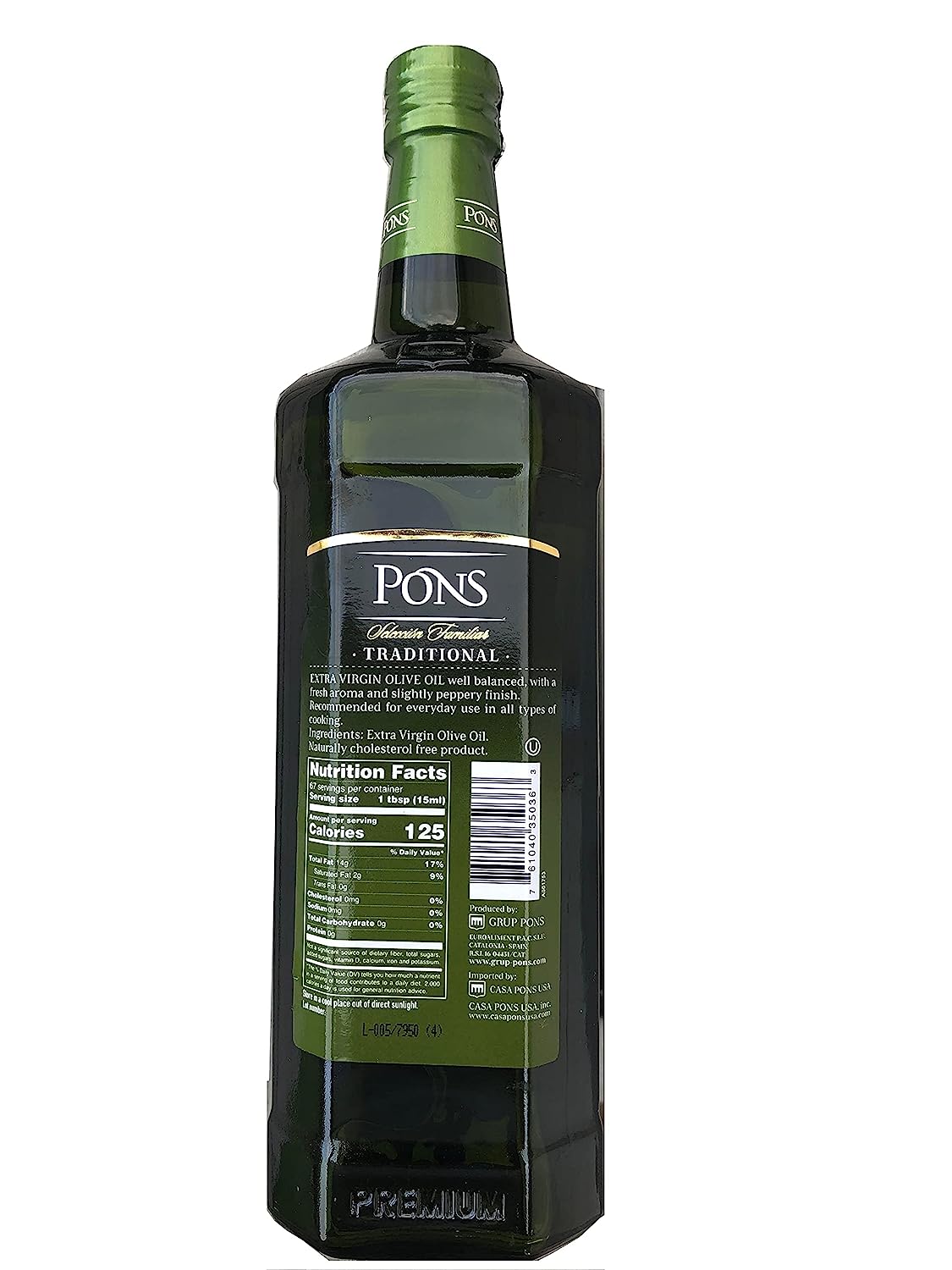 Pons - Traditional Family Selection - Extra Virgin Olive Oil - 1L (1000 ML) - Fruity - Spain