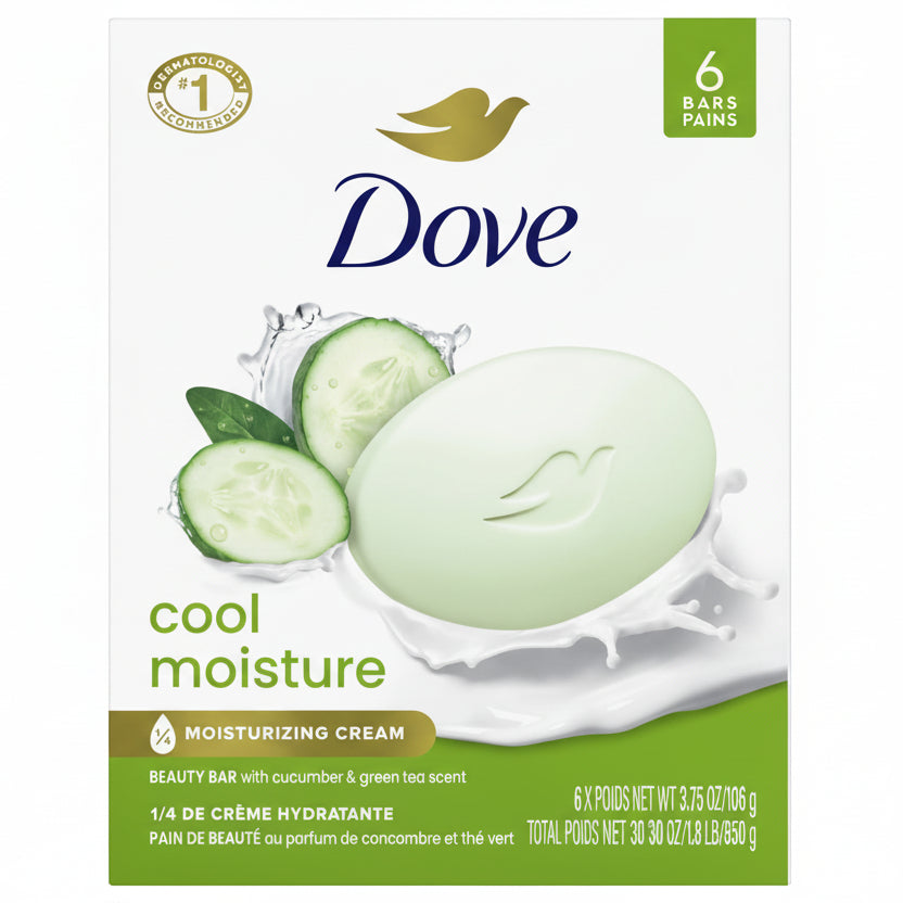 Dove Soap - Cool Moisture Beauty Bar - Cucumber & Green Tea Scent - All Skin - 106g - 6 Pack