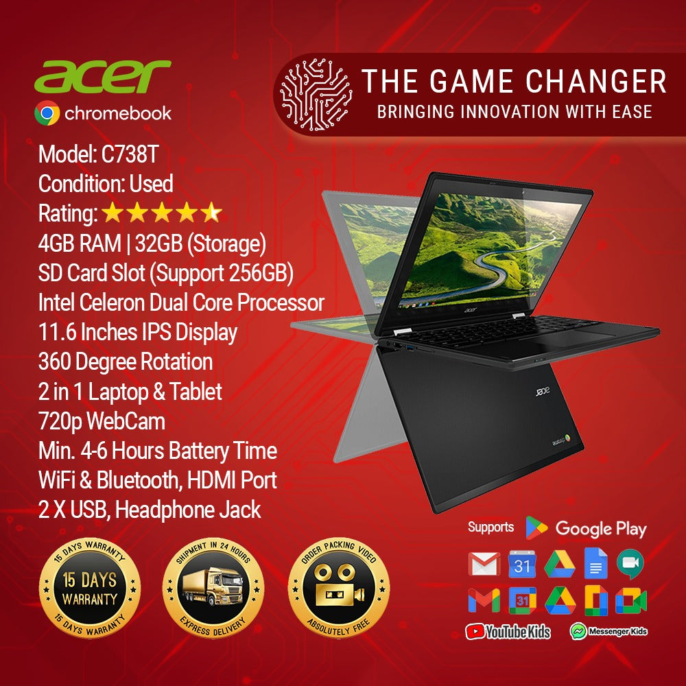 Acer Chromebook - R11 -C5R6 - C738T - Celeron N3150 - 11.6" Screen - 4GB RAM - 32GB SSD - 15 Days Merchant Warranty with Charger - (Used)