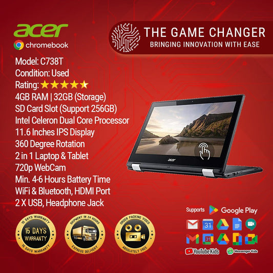 Acer Chromebook - R11 -C5R6 - C738T - Celeron N3150 - 11.6" Screen - 4GB RAM - 32GB SSD - 15 Days Merchant Warranty with Charger - (Used)