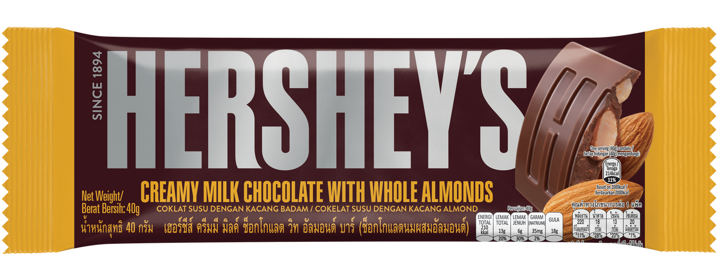 Hershey's - Creamy Milk Chocolate with Whole Almonds - Chocolate Bar - 40g x 24bars - 960g