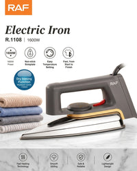 RAF Electric Dry Iron 1600W – Lightweight Clothes Press with Non-Stick Soleplate, Adjustable Temperature & Fast Heating (Grey)