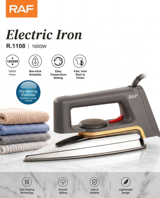 RAF Electric Dry Iron 1600W – Lightweight Clothes Press with Non-Stick Soleplate, Adjustable Temperature & Fast Heating (Grey)
