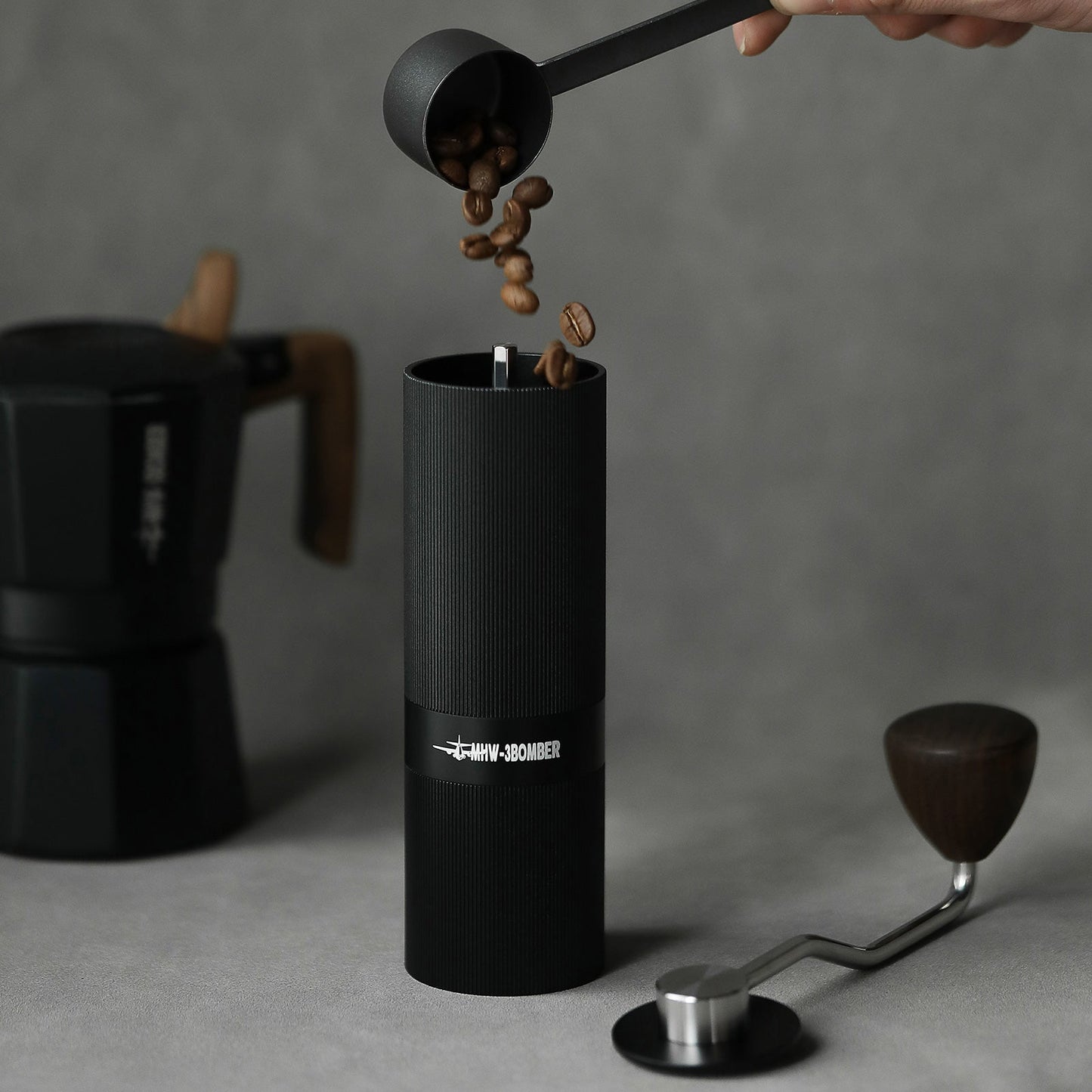 Coffee Cartel - MHW3 Bomber - Racing M1-Manual Coffee Grinder-38mm - Titanium Plated Burr, Black, Walnut Handle - G5897B