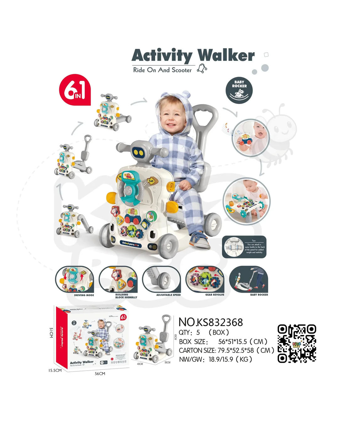 6-in-1 Multifunction Musical Baby Walker Ride-On Scooter for Kids