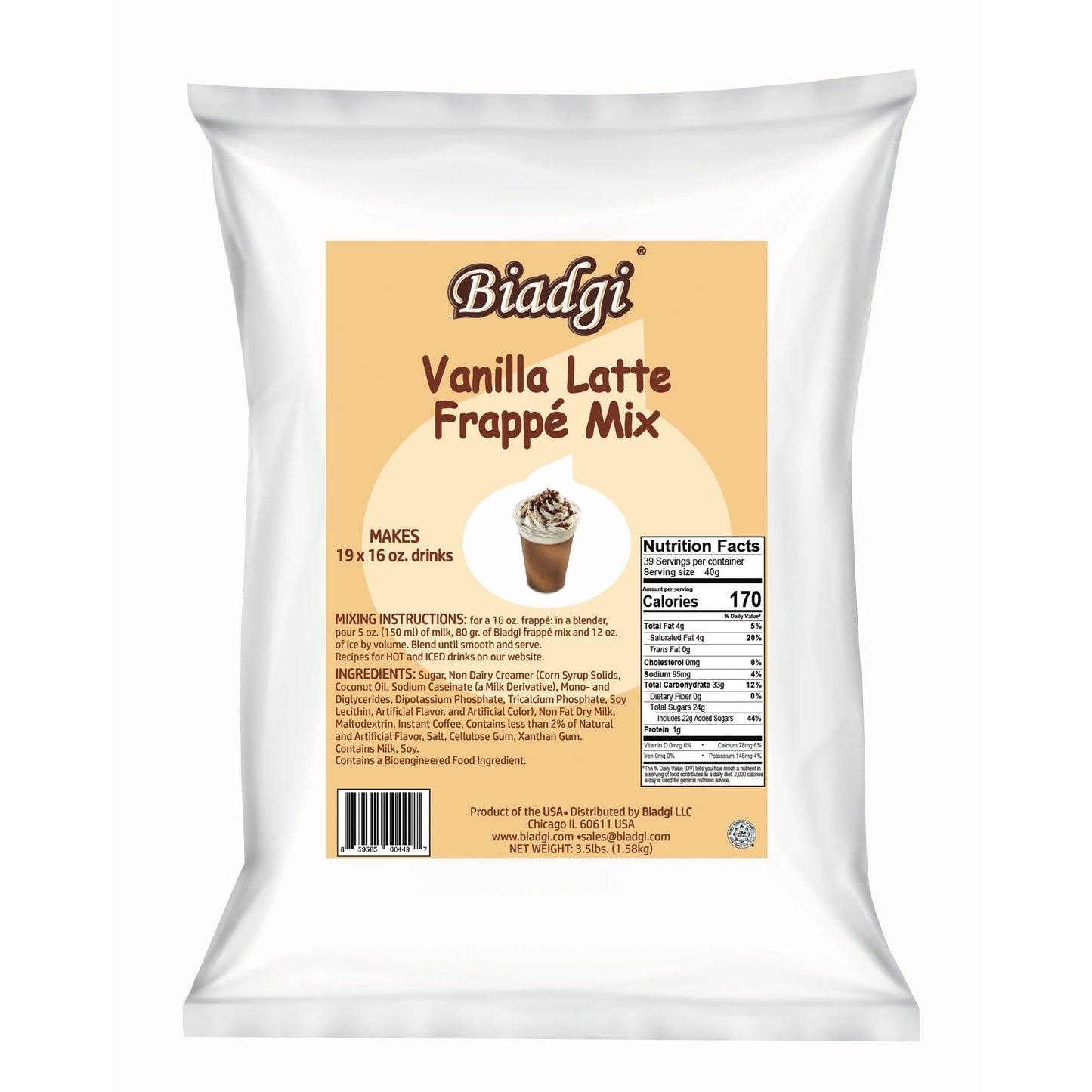 Biadgi - Vanilla Latte Frappe Mix - 1 Pack of 3.5lbs (1.58k)