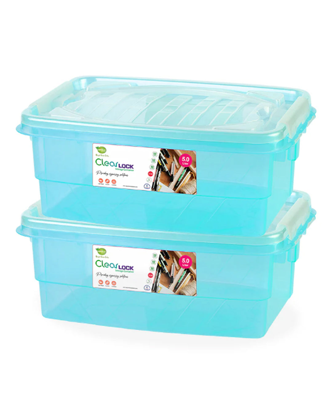 Clear Lock Storage Box Pack of 2 Small - (5Ltr) Transparent