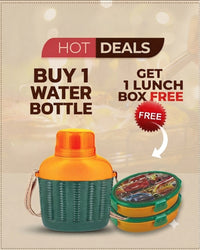 Promotional graphic for a lunch box and water bottle set. The main product shown is a reusable bottle with a dark green ribbed body and bright orange cap, alongside a yellow and green compartment lunch box.