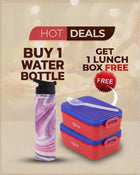 Promotional graphic for a water bottle and lunch box set. The ad shows a tall water bottle with a purple and pink marbled pattern and a black cap, next to two stacked red lunch boxes with blue lids and a white plastic spoon.