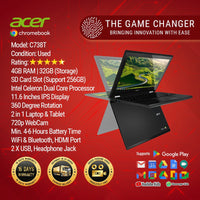 Acer Chromebook - R11 -C5R6 - C738T - Celeron N3150 - 11.6" Screen - 4GB RAM - 32GB SSD - 15 Days Merchant Warranty with Charger - (Used)