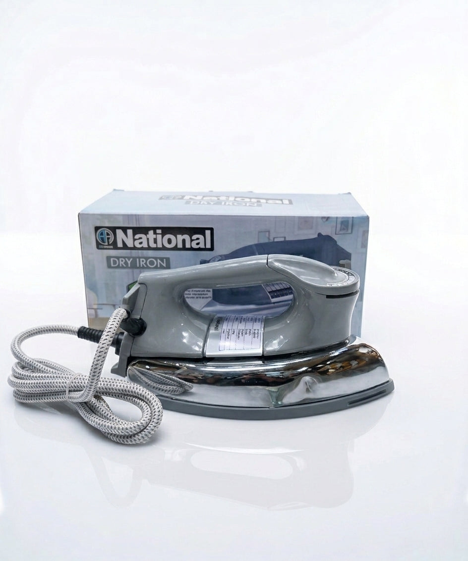 National Heavy Weight Dry Iron 1000W – Heavy Duty Clothes Press Iron with Adjustable Temperature Control & Heat Resistant Cotton Cord – Classic Grey