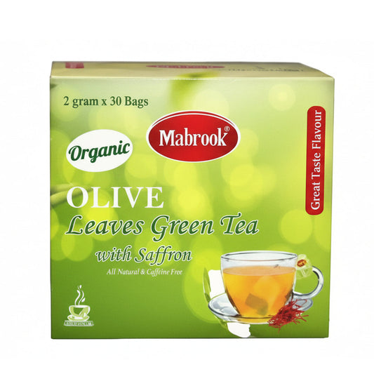 Mabrook - OLIVE LEAF GREEN TEA With SAFFRON ( Family Pack ) - 2gm Tea Bag x 30 Bags per Box / 12 Boxes per Carton