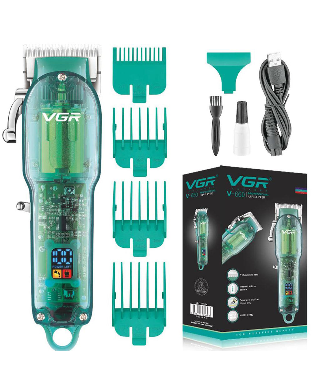 Professional Transparent Hair Clipper & Trimmer with LED Display - Green