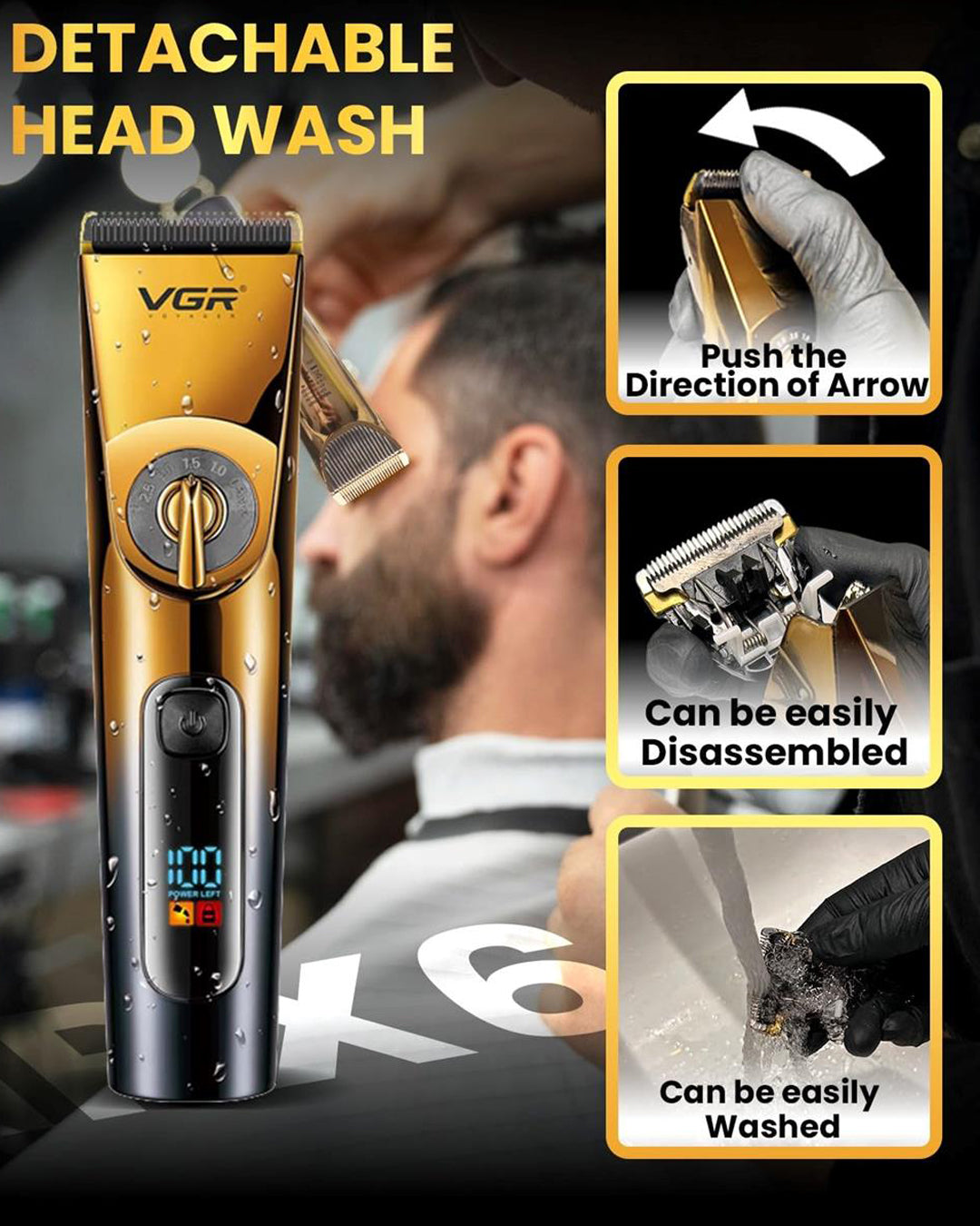 Professional Hair Clipper & Trimmer, IPX6 Washable - Gold/Black