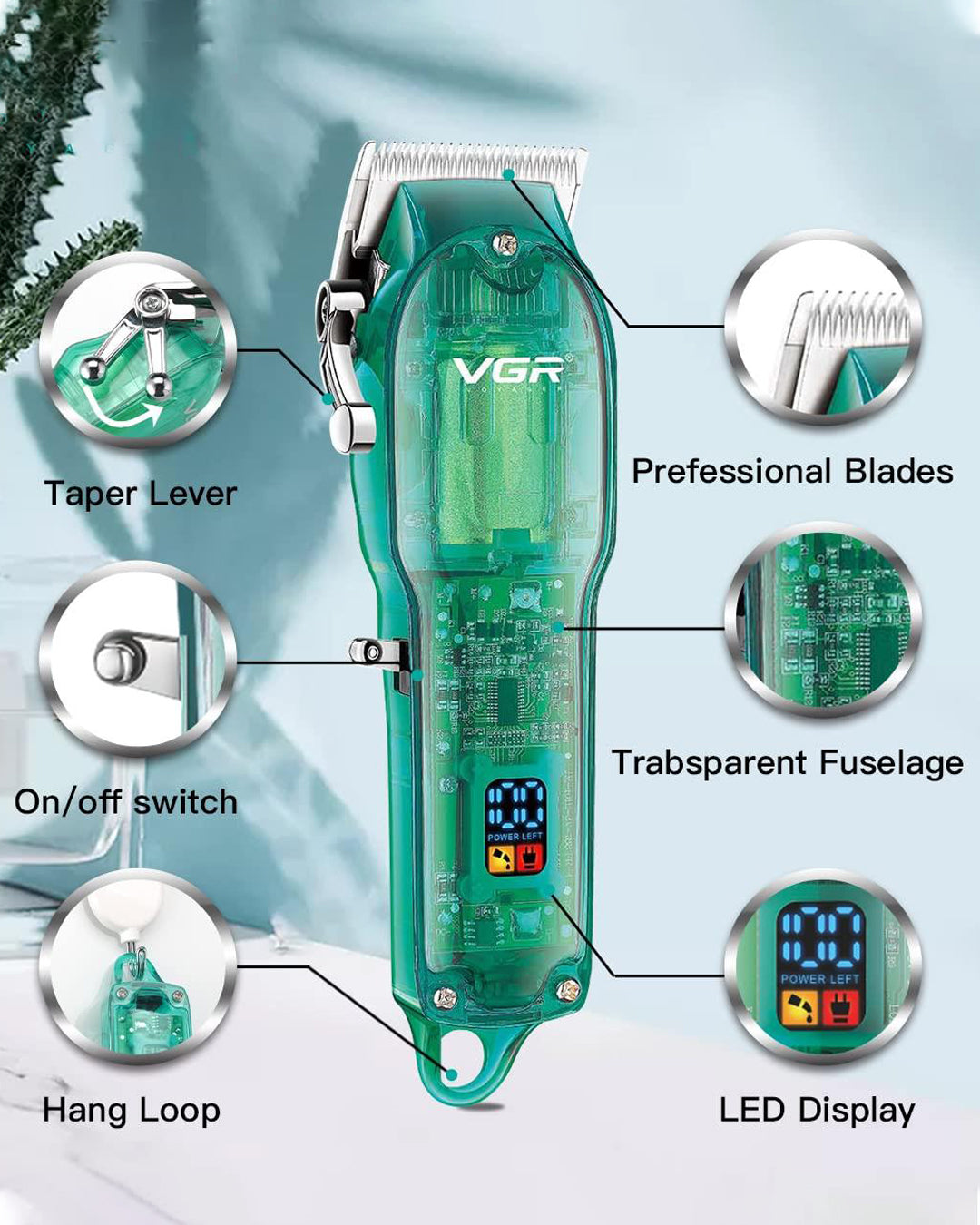 Professional Transparent Hair Clipper & Trimmer with LED Display - Green