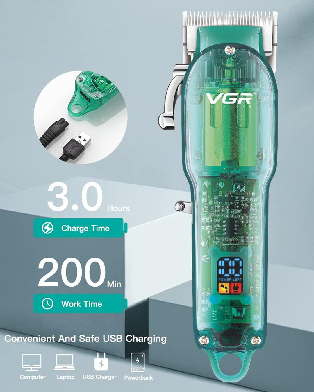 Professional Transparent Hair Clipper & Trimmer with LED Display - Green