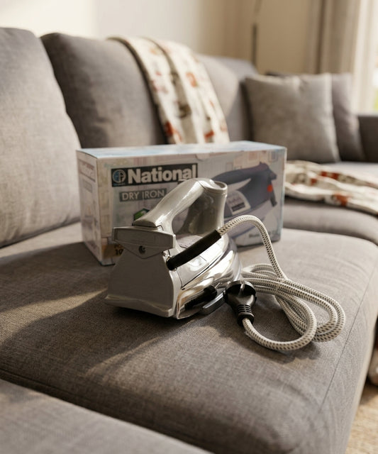 National Heavy Weight Dry Iron 1000W – Heavy Duty Clothes Press Iron with Adjustable Temperature Control & Heat Resistant Cotton Cord – Classic Grey