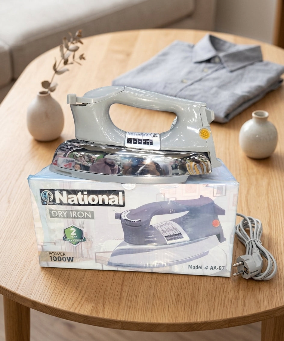 National Heavy Weight Dry Iron 1000W – Heavy Duty Clothes Press Iron with Adjustable Temperature Control & Heat Resistant Cotton Cord – Classic Grey