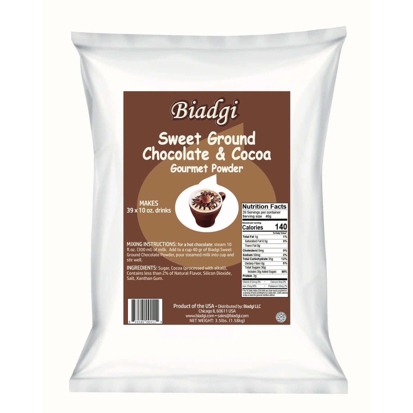 Biadgi - Sweet Ground Chocolate & Cocoa - Gourmet Powder - 1 Pack of 3.5lbs (1.58k)