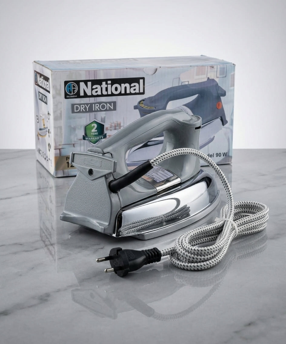 National Heavy Weight Dry Iron 1000W – Heavy Duty Clothes Press Iron with Adjustable Temperature Control & Heat Resistant Cotton Cord – Classic Grey