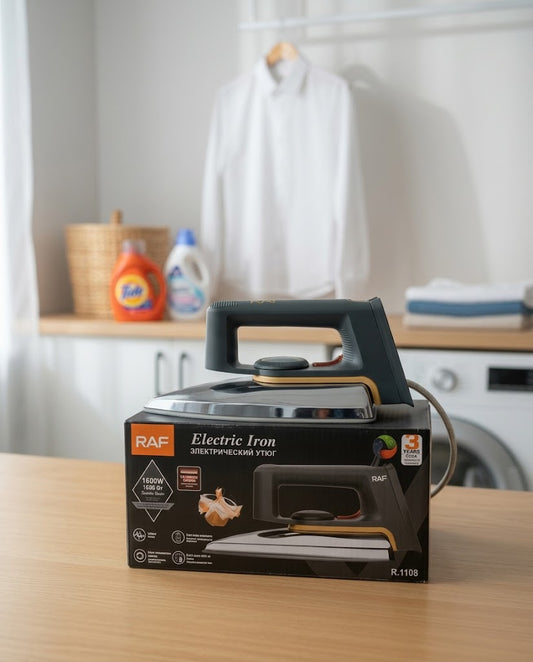 RAF Electric Dry Iron 1600W – Lightweight Clothes Press with Non-Stick Soleplate, Adjustable Temperature & Fast Heating (Grey)