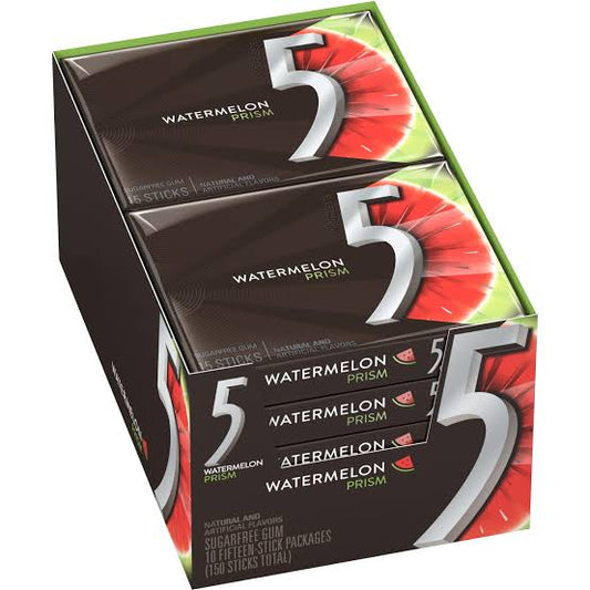 Wrigley's - 5 Gum - Watermelon Prism - 15 Sticks each - 10 Packs