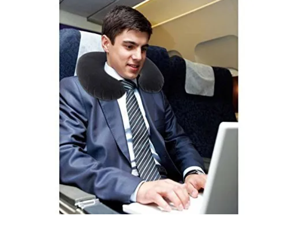 Original U-Shaped Inflatable Travel Neck Pillow – 14" × 12" × 4", Black Velvet