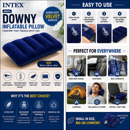 INTEX 68672 Inflatable Downy Pillow – Travel, Camping & Neck Support Pillow 43 × 28 × 9 cm